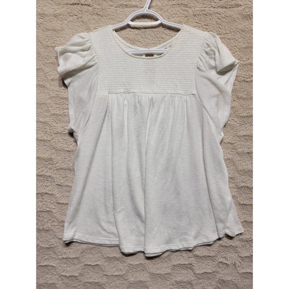 Gentle Fawn White Smocked Flutter Sleeve Babydoll Blouse Top Large